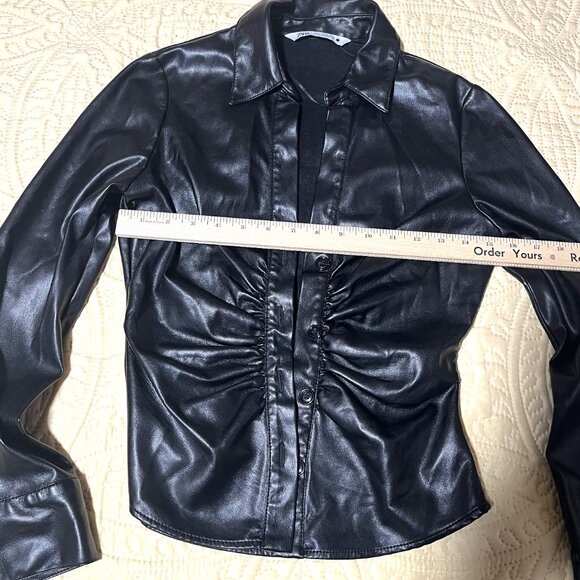 Zara Ruched Front Faux Leather Black Blouse Top Size XS Button Front - Picture 6 of 9